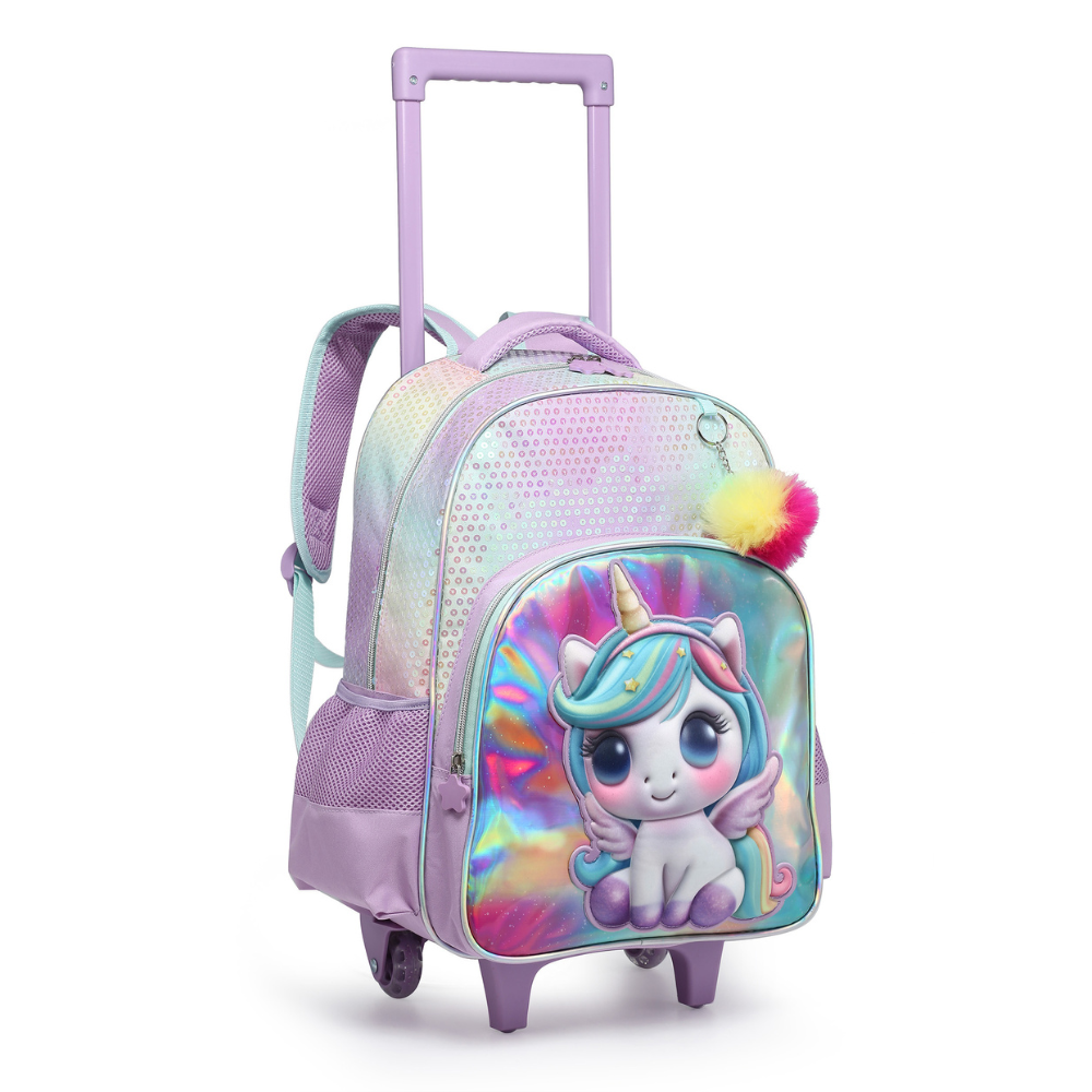 Kit Mochila Unicórnio Juvenil de Rodinha, Lancheira Térmica, Estojo Duplo